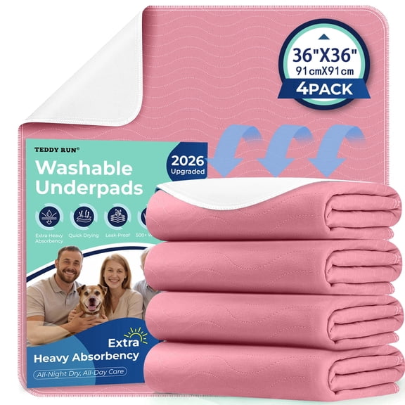 4pack 36 x 36 Extra Heavy Absorbency Washable Underpads, Waterproof Quick Drying Nursing Pads Incontinence Bed Pads, Reusable Washable Pee Pads for Dogs, Diaper Changing & Adults(Pink)