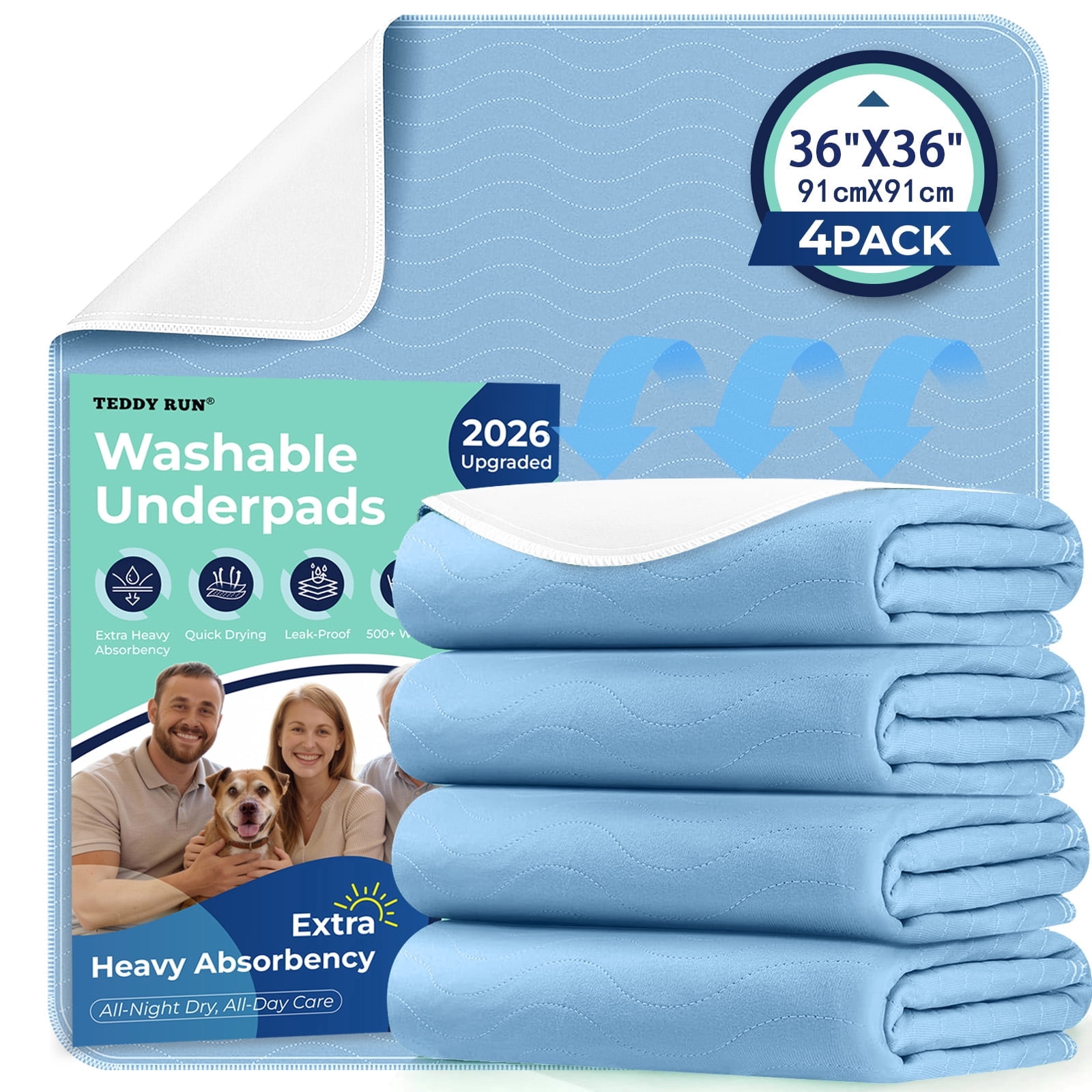 4pack 36” x 36” Extra Heavy Absorbency Washable Underpads, Waterproof Quick Drying Nursing Pads Incontinence Bed Pads, Reusable Washable Pee Pads for Dogs, Diaper Changing & Adults(Blue)