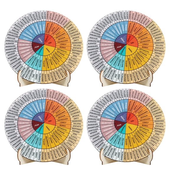 4pack Feelings Wheel Tabletop Decor Wooden Single Sided Mental Health Mood Chart with Stand for Consulting Therapists Social Workers
