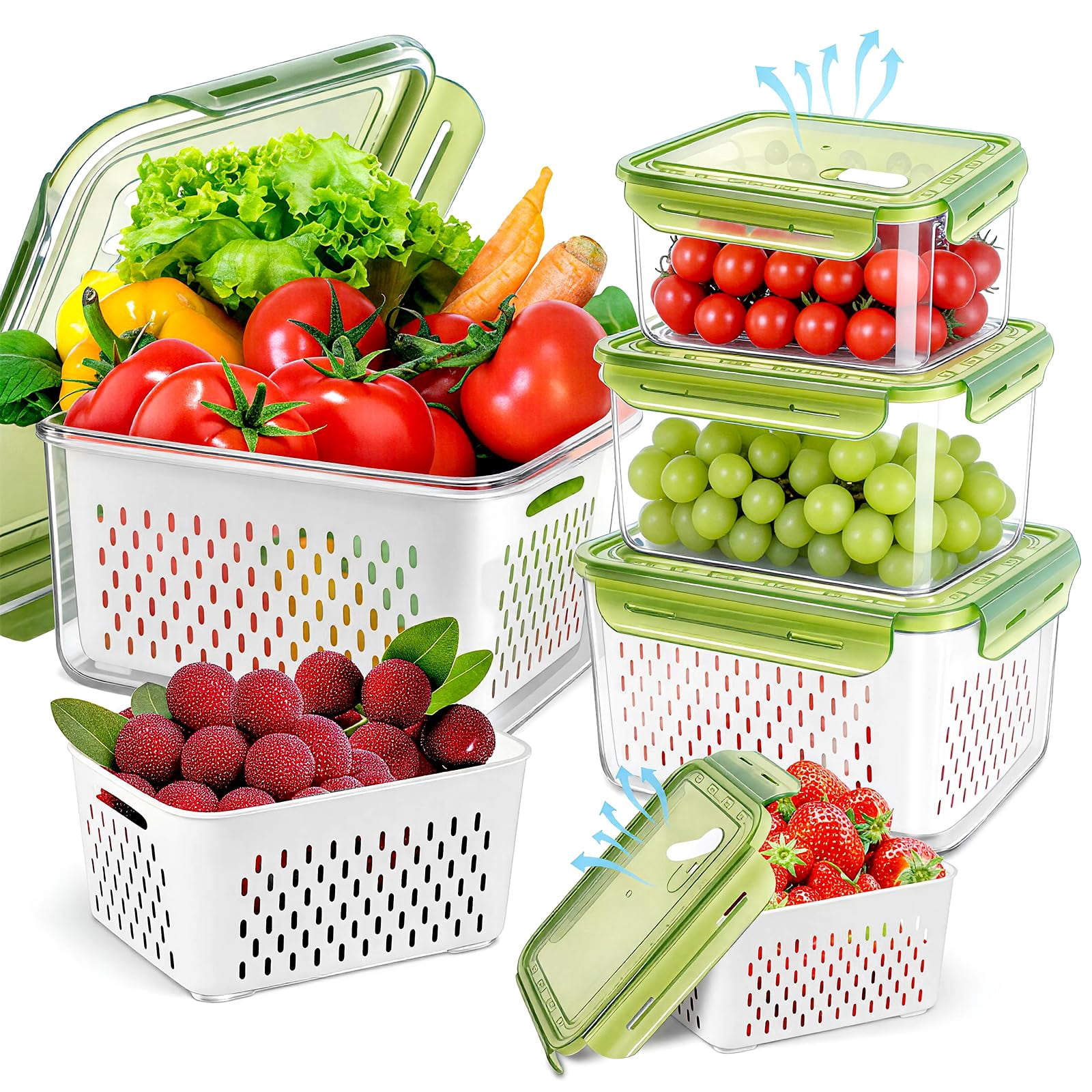 4pack Fruit Storcontainer For Fridge With Colander And Vent - Green ...