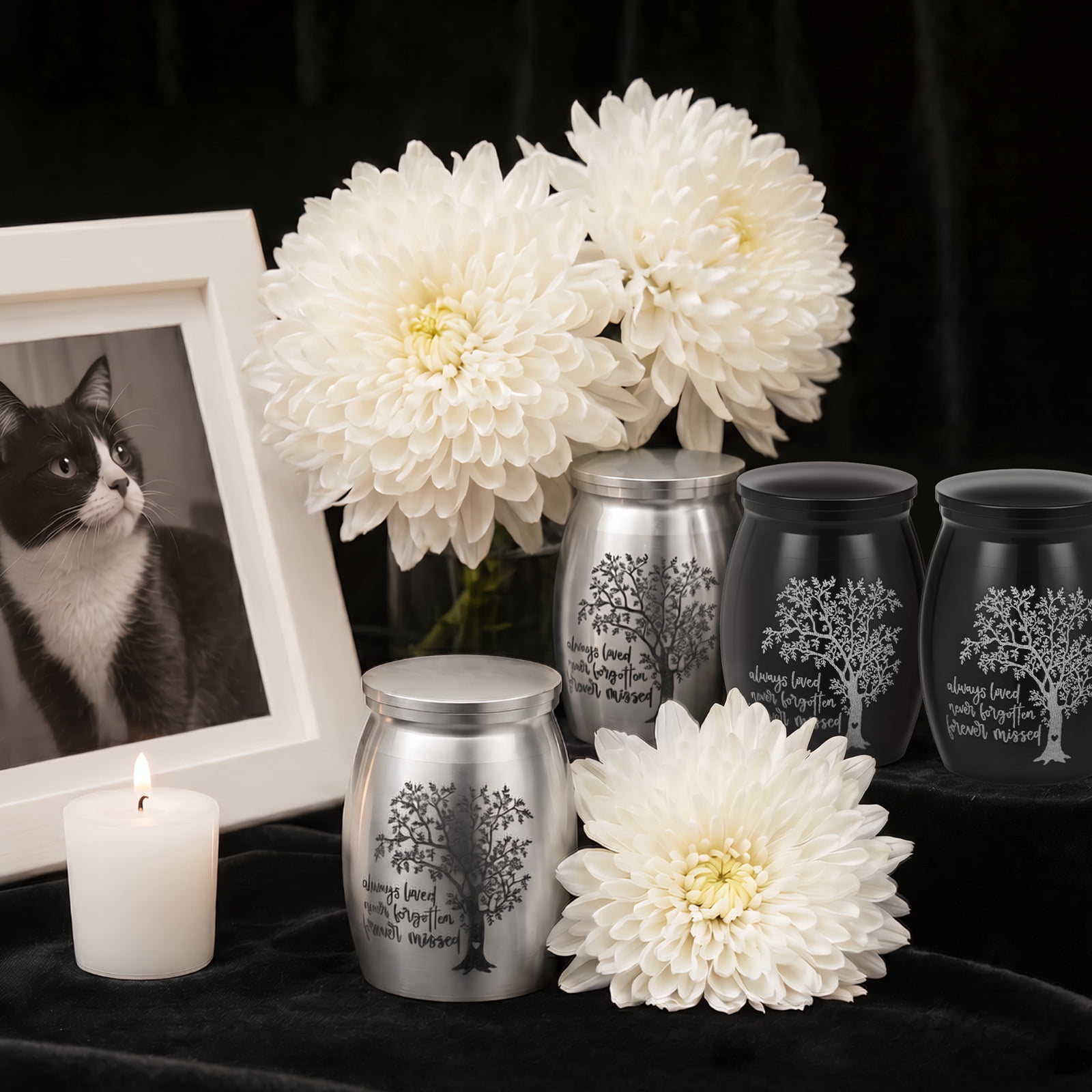 4pack Mini Cremation Urn Aluminum Memorial Keepsake with Tree of Life Design Small Funeral Urn for Human or Pet Ash Gift for Pet Lover (Silver+Black)