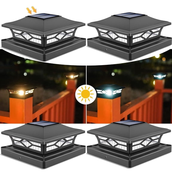 4pack Solar Post Cap Lights, Outdoor Deck Post Cap Lights Black for Dock Fence Waterproof 2 Color Modes,4x4/6x6 Wooden/Vinyl Posts