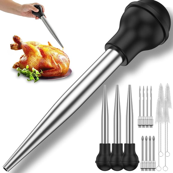 4pack Turkey Baster for Cooking, 16 Pieces Stainless Steel Meat Injector Syringe with 8 Needles & 4 Brushes, Silicone Bulb Baster for BBQ Thanksgiving Kitchen Cooking