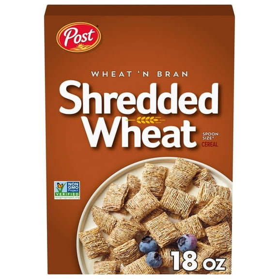 (4packs)-Post Wheat n Bran Shredded Wheat, High Fiber Breakfast Cereal, Certified Kosher, Crunchy 18 oz Box
