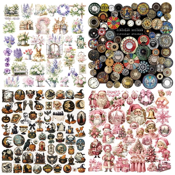 4packs Vintage Junk Journal Items Die Cut Cutout Translucent Paper Stickers Art Aesthetic Scrapbook Kit Clear Back Decal Travel Journaling Diary Stuff Collage Supplies Floral DIY Decorative Elements