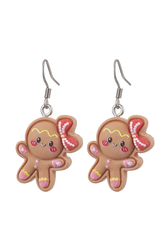 4pairs Christmas Resin Dangle Earrings with 304 Stainless Steel Earring Hooks Gingerbread Man Stainless Steel color 40x18.5mm