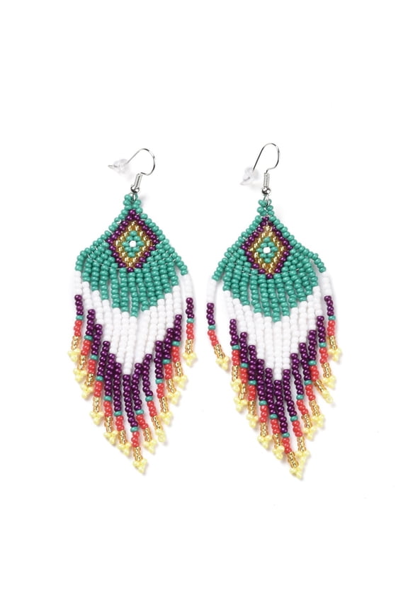 4pairs Glass Seed Rhombus with Tassel Chandelier Earrings Brass Wire Wrap Drop Earrings for Women Sea Green 90mm Pin: 0.6mm