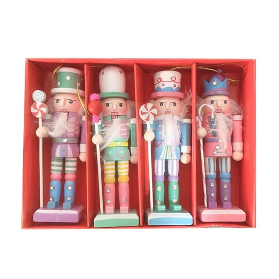 4pc 12CM Wooden Puppet Nutcracker Christmas Ornaments Pendant Window Doll Party Decoration Pink Wooden Ornament Nutcrack
