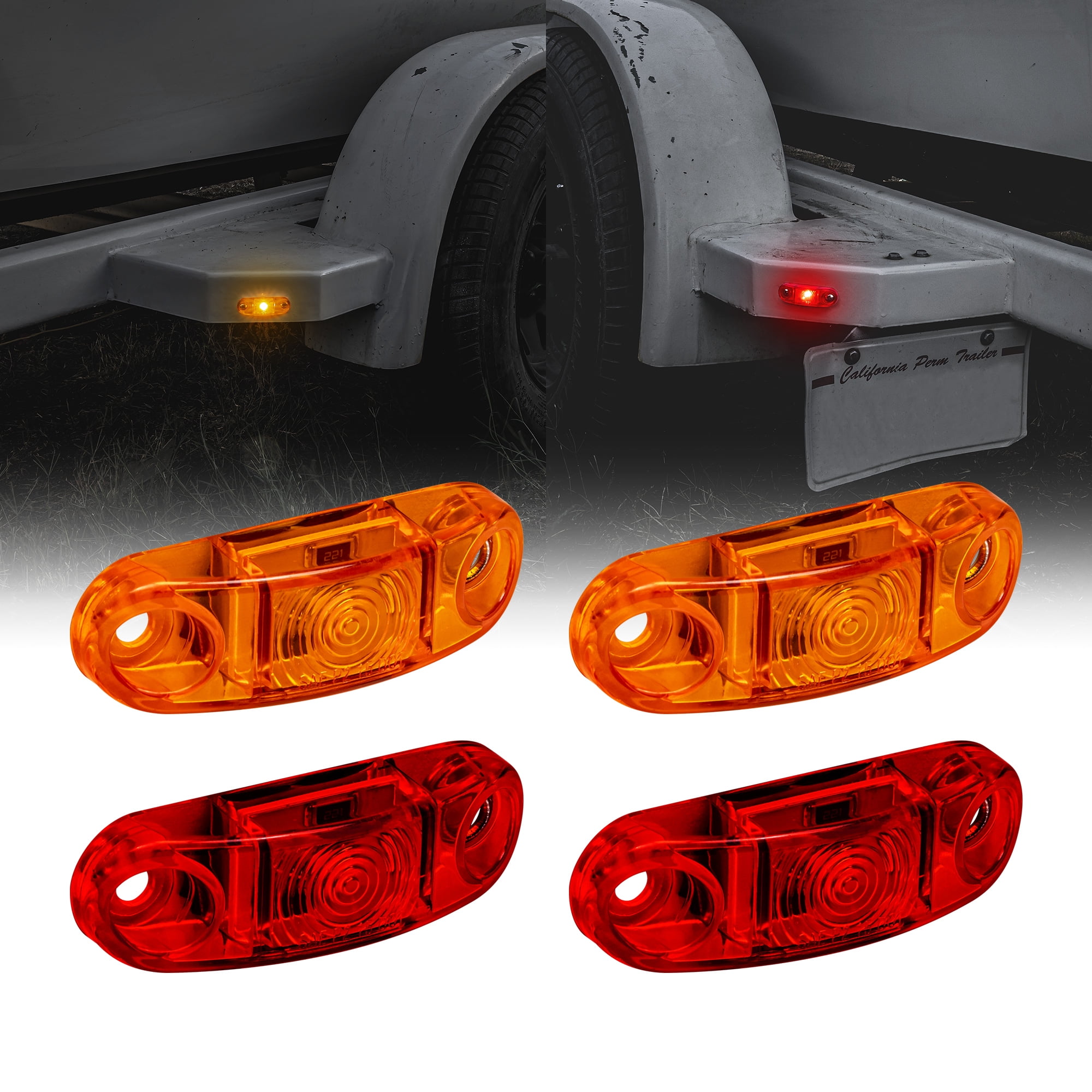 12pc Amber + Red LED Trailer Marker Lights With Chrome Bezel - DOT FMVSS 108 Compliant, IP67 Waterproof, Surface Mount - View #7