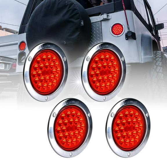 4pc 4" Inch Round LED Trailer Tail Lights [DOT Certified] [Stainless Steel Chrome Bezel] [Connector Plug Included] Stop Brake Lights for Trucks RV Jeep