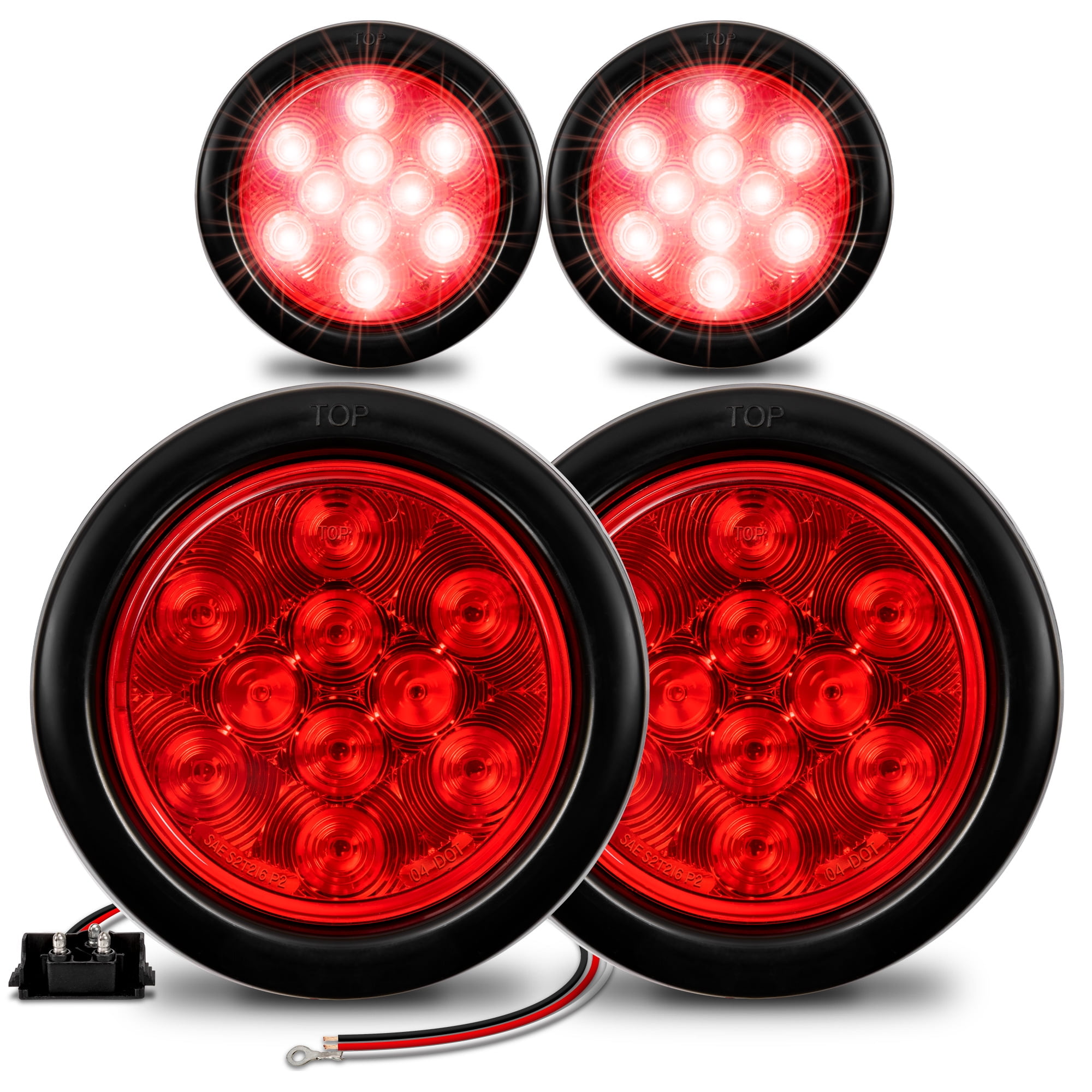 4pc 4" Round Red LED Trailer Tail Lights [DOT Certified] [Grommet & Plug Included] [IP67 Waterproof] Turn Stop Brake Trailer Lights for RV Jeep Trucks