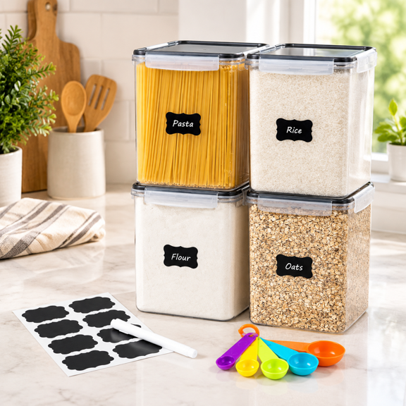 4pc 5.2l Large Airtight Plastic Canisters With Lids Cups & Labels
