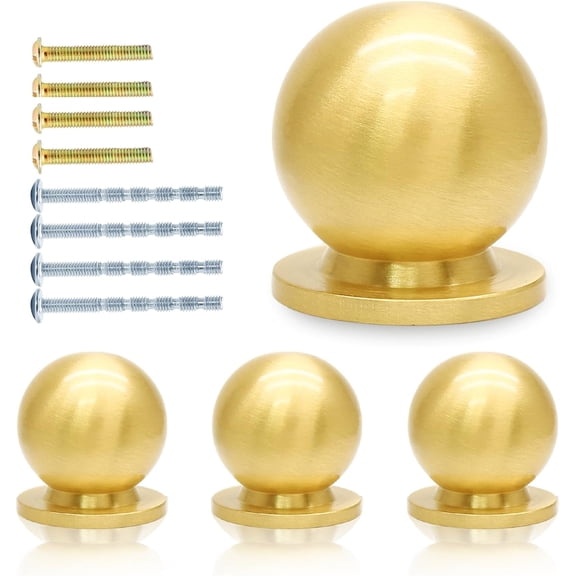 4pc 5/8 Inch Gold Solid Brass Knobs, Round Ball Pulls for Jewelry Boxes, Small Cabinets & Desk Drawers