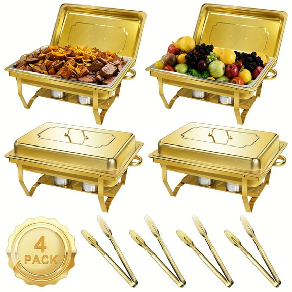 4pc 8QT Golden Chafing Dish Buffet Set - High-Grade Stainless Steel Food Warmers with All-Gold Serving Tongs - Commercial-Grade Chafer Set for Parties & Events (Cooking Use Only)