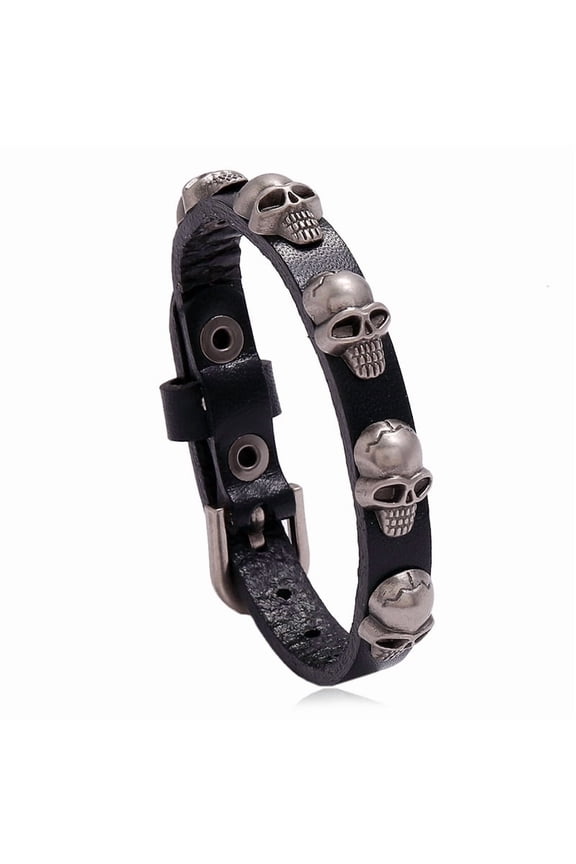 4pc Alloy Rivet Studded Cowhide Cord Bracelet Gothic Bracelet with Buckle for Men Women Black 9-1/2 inch(24cm)