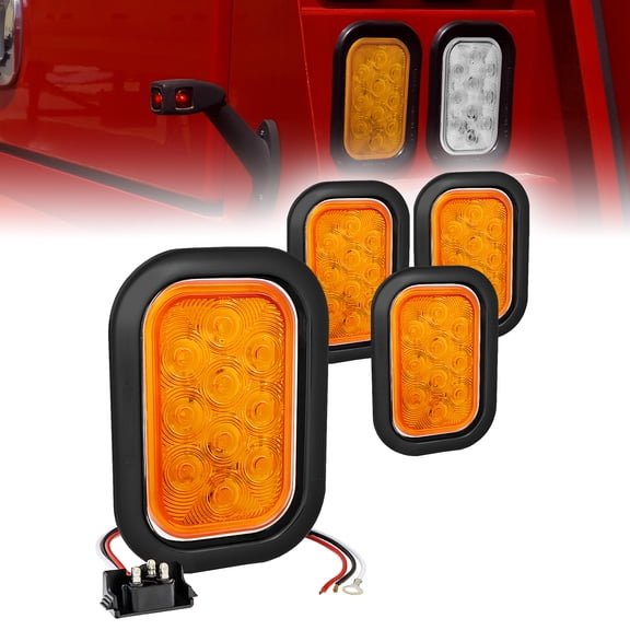 4pc Amber 5" x 3" Rectangular LED Trailer Tail Light Kit [DOT FMVSS 108] [SAE I6 P2] [Grommets & Plugs] [Submersible] [Stop Turn Tail Park] [10 LED] Brake Lights for Tow Truck 80 Inch Wide Trailer
