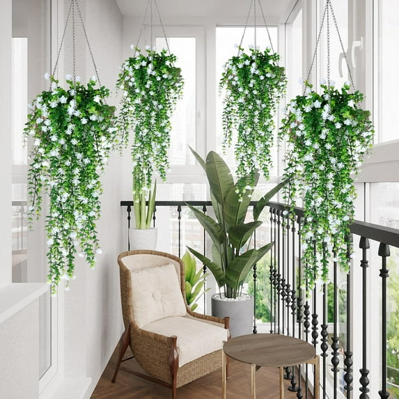 4pc Artificial Hanging Flower Vines | Realistic Plastic Chlorophytum Decor | Indoor Outdoor Fake Plants for Home Garden
