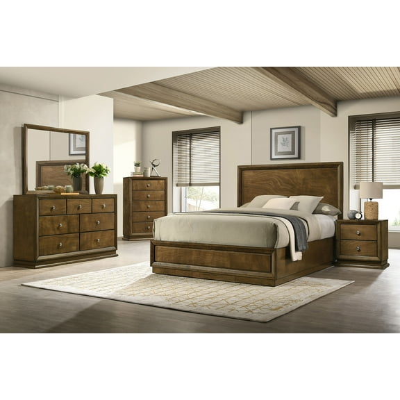 4pc Bedroom Furniture Twin Size Bed Dresser Mirror Nightstand Zinc Iron Bronze Metal Knob Panel Bedframe Walnut