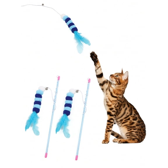4pc Blue Cat Teaser Stick Cat Toys Interactive Entertainment Cute For Interactive Toy For Indoor Play Pet Accessories Ball And Bar Colors Are Random