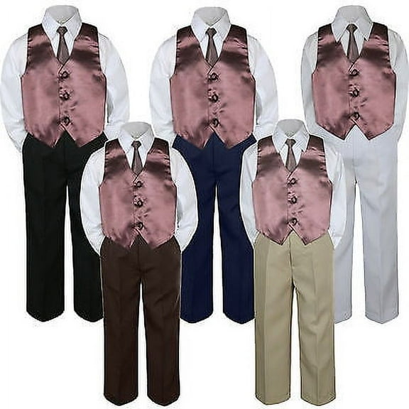 4pc Boy Suit Set Brown Chocolate Necktie Vest Baby Toddler Kid Formal Pants S-7