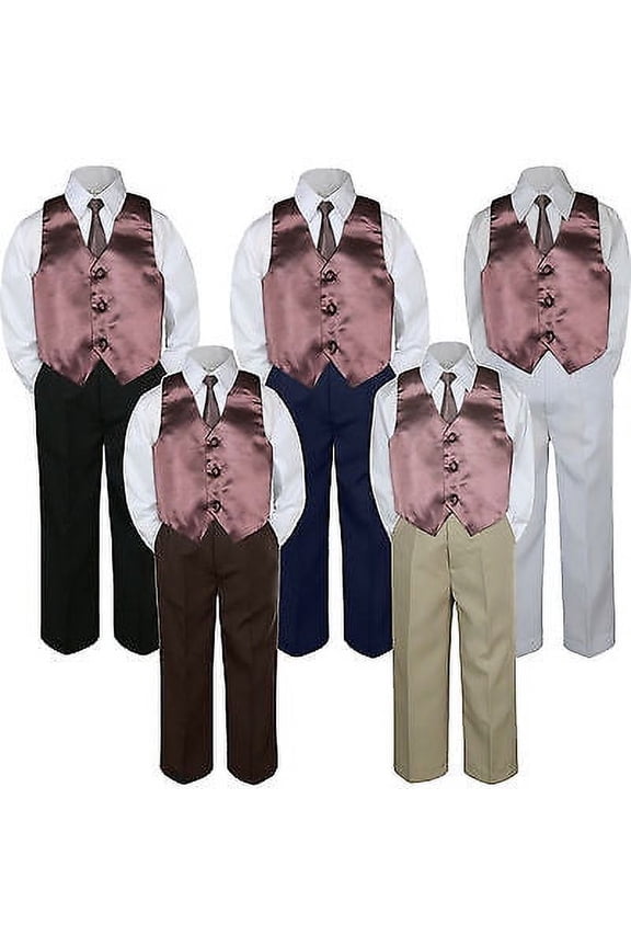 4pc Boy Suit Set Brown Chocolate Necktie Vest Baby Toddler Kid Formal Pants S-7