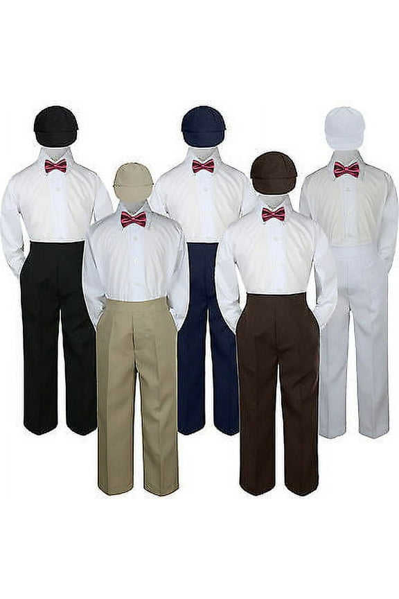4pc Boy Suit Set Burgundy Maroon Bow Tie Baby Toddler Kid Formal Hat Pants S-7
