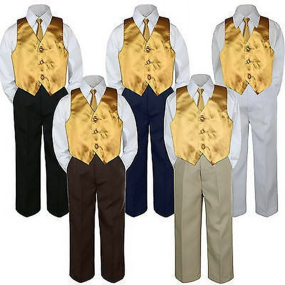 4pc Boy Suit Set Gold Necktie Vest Baby Toddler Kid Formal Pants S-7