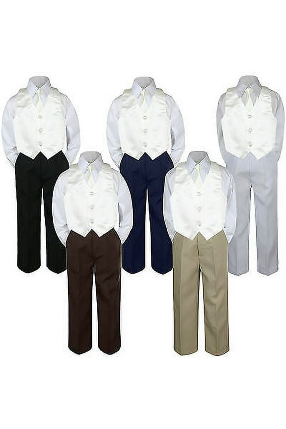 4pc Boy Suit Set Ivory Off White Necktie Vest Baby Toddler Kid Formal Pants S-7
