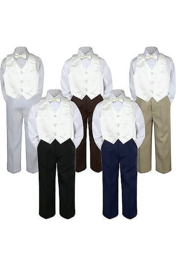 4pc Boy Suit Set Ivory Off white Bow Tie Vest Baby Toddler Kid Formal Pants S-7