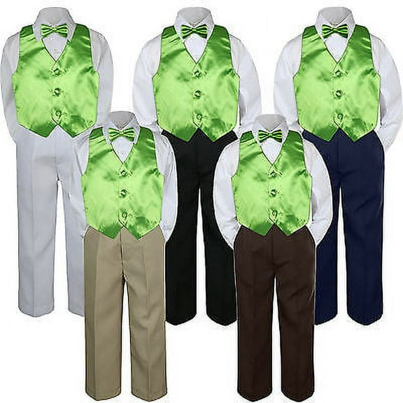 4pc Boy Suit Set Lime Green Bow Tie Vest Baby Toddler Kid Formal Pants S-7