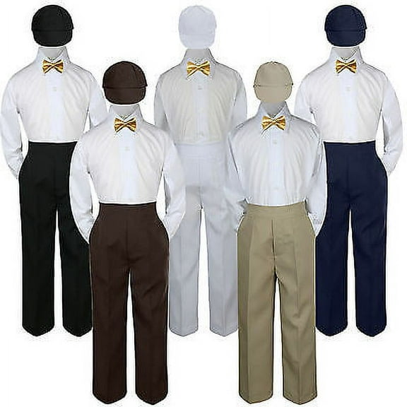 4pc Boy Suit Set Mustard Yellow Bow Tie  Baby Toddler Kid Formal Hat Pants S-7