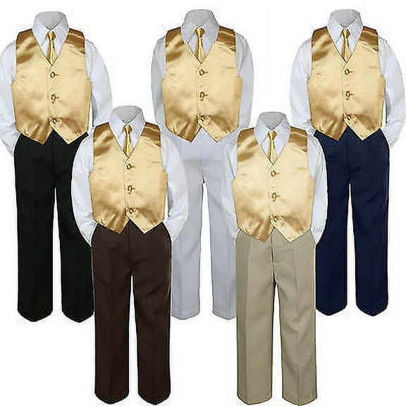 4pc Boy Suit Set Mustard Yellow Necktie Vest Baby Toddler Kid Formal Pants S-7