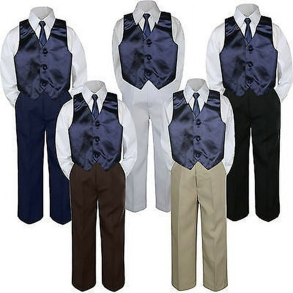4pc Boy Suit Set Navy Blue Necktie Vest Baby Toddler Kid Formal Pants S-7