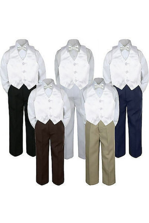 4pc Boy Suit Set White Bow Tie Vest Baby Toddler Kid Pants S-7 Wedding Church