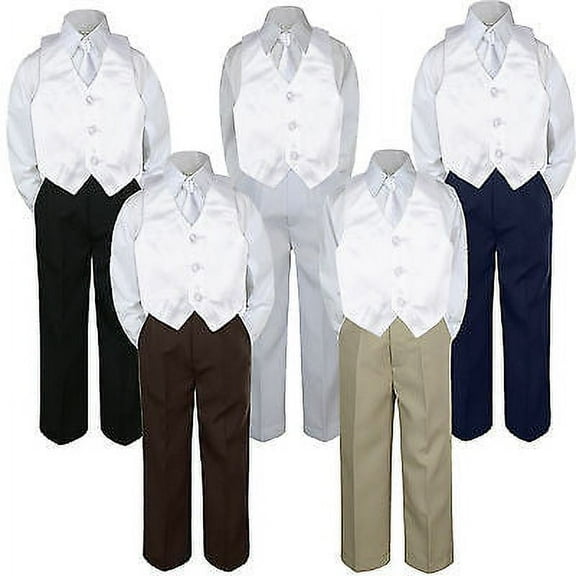 4pc Boy Suit Set White Necktie Vest Baby Toddler Kid Formal Pants S-7 Wedding