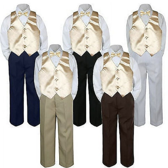 4pc Boys Suit Set Champagne Bow Tie Vest Baby Toddlers Kids Formal Pants S-7