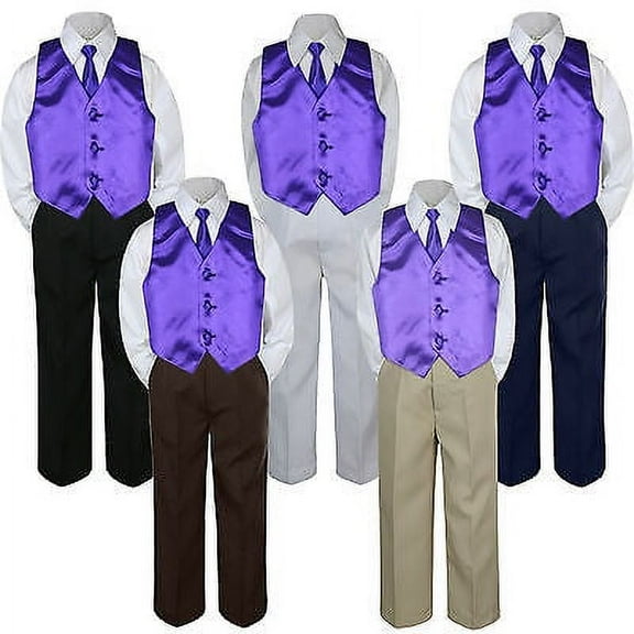 4pc Boys Suit Set Purple Necktie Vest Baby Toddler Kids Formal Pants S-7 Wedding