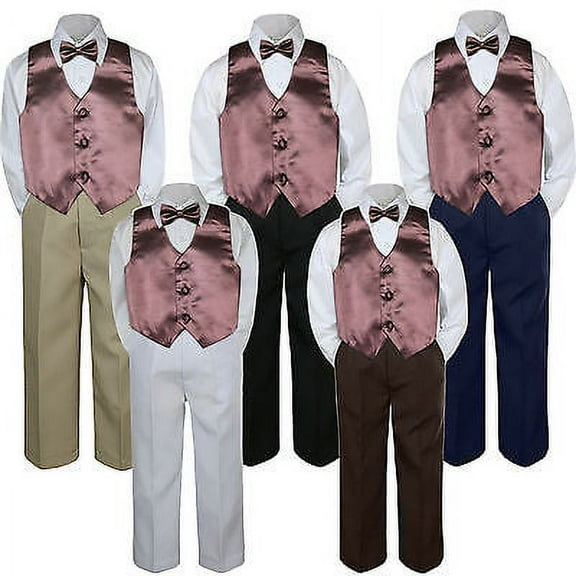 4pc Brown Vest & Bow Tie Suit Pants Set Formal Baby Boy Toddler Kid Uniform S-7