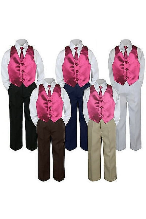 4pc Burgundy Maroon Vest & Tie Suit Set Baby Boy Toddler Kid Uniform S-7