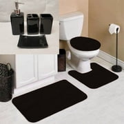 4pc Ceramic Accessories + 3pc Bathroom rug mat set #6 Black color non slip super soft chenille washable