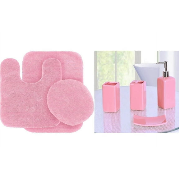 4pc Ceramic Accessories + 3pc Bathroom rug mat set #6 Pink color non slip super soft chenille washable