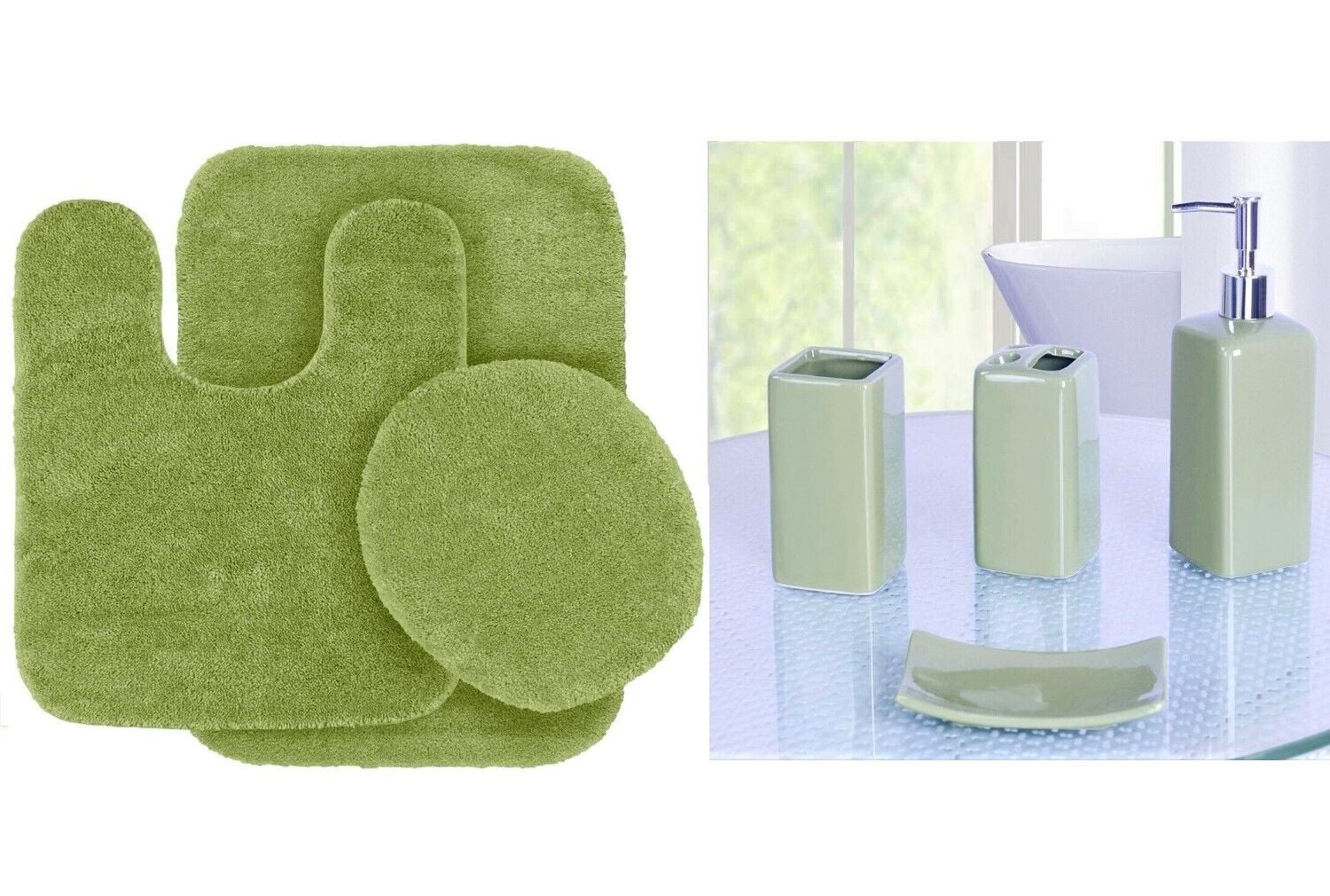 4pc Ceramic Accessories + 3pc Bathroom rug mat set #6 Sage color non slip  super soft chenille washable 