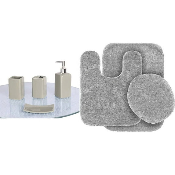 4pc Ceramic Accessories + 3pc Bathroom rug mat set #6 Silver color non slip super soft chenille washable