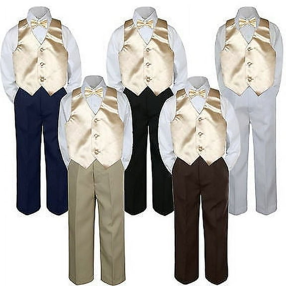 4pc Champagne Vest Bow Tie Suit Pants Set Baby Boy Toddler Kid Uniform S-7