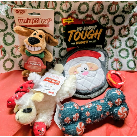 4pc Christmas Dog Toy Gift Box Squeaky Plush & Nylon Peppermint Bone Holiday Toys for Small Dogs & Puppies