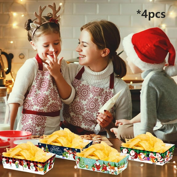 4pc Christmas Paper Food Trays Plates,Disposable Christmas Movie Snack Trays,Christmas Paper Trays Christmas Movie Night Snack Trays Disposable Party Plates Food Serving Boats Party Supplies