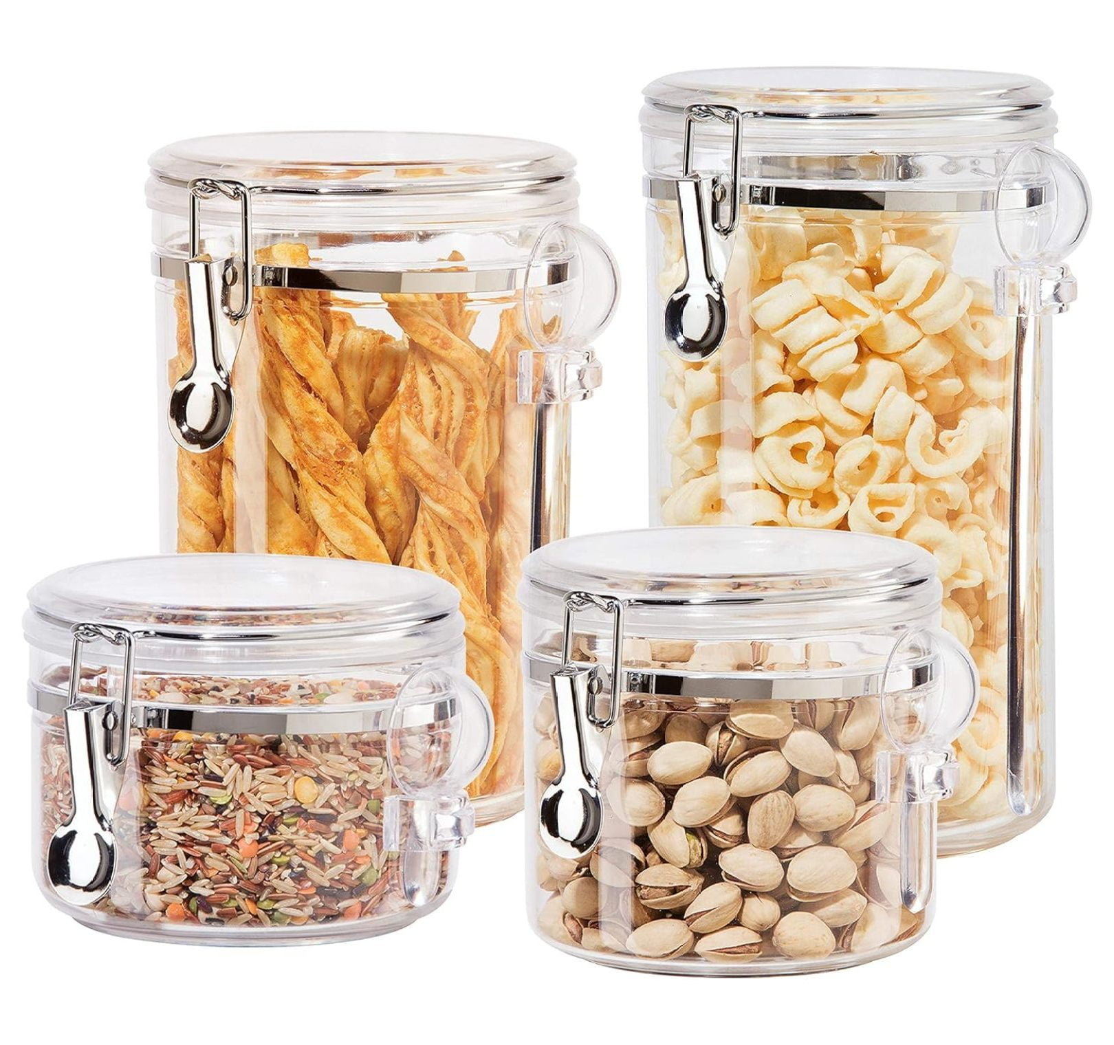 4pc Clear Canister Set with Clamp Lids Airtight Containers in Sizes Ideal for Kitchen & Pantry Storage of Bulk, Dry Foods Including Flour, Sugar, Coffee, Rice, Tea, Spices & 4-Piece Set
