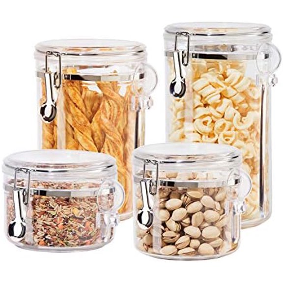 4pc Clear Canister Set with Clamp Lids & Spoons - Airtight Food Storage Containers, Ideal for Kitchen & Pantry Storage of Bulk, Dry Food Including Flour, Sugar, Coffee, Rice, Tea, Spices & Herbs