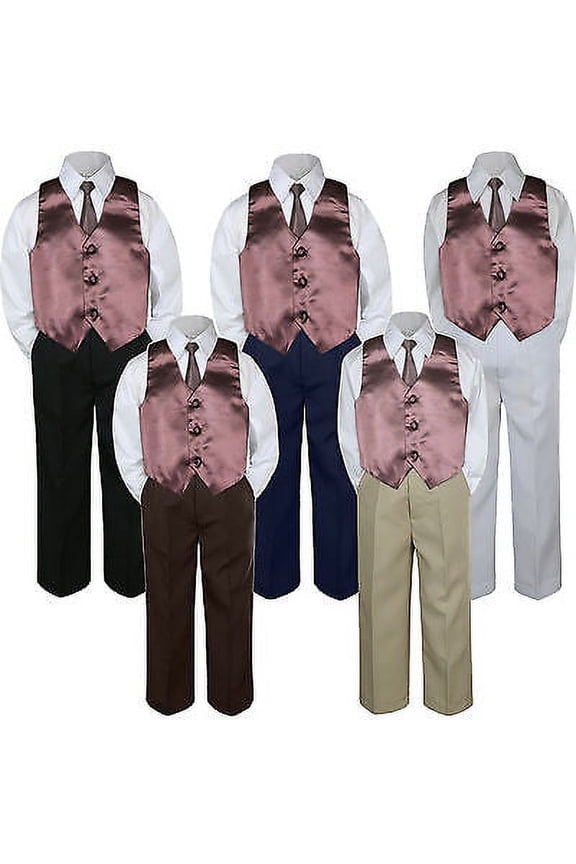 4pc Coco Brown Vest & Tie Suit Set Baby Boy Toddler Kid Uniform S-7