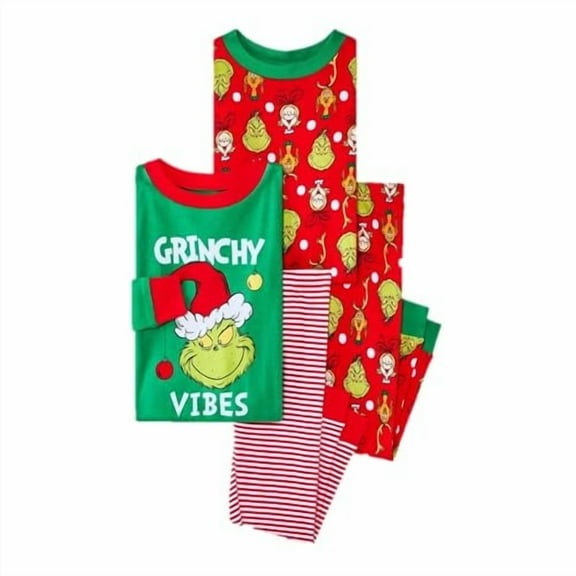 4pc Cotton Unisex Grinch Long Sleeve Top & Pants Christmas Pajama Set - Red/Green, 2T